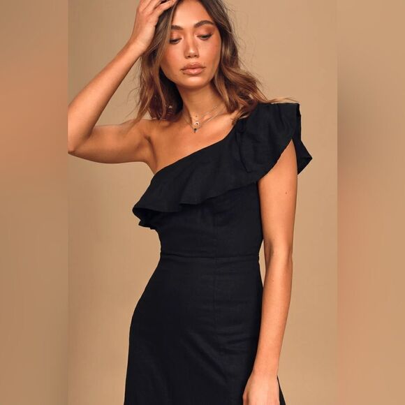 LULUS Sun-Kissed Memories One-Shoulder Ruffled Linen Blend Midi Dress *NEW* - Picture 3 of 16